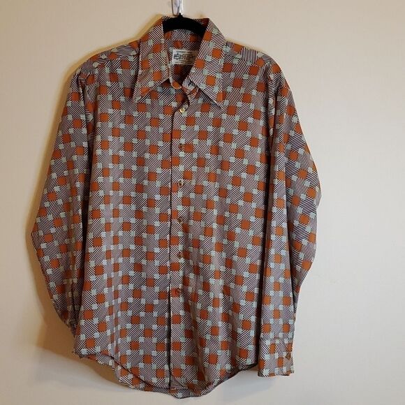 Men's Vintage Retro Hipster brown & green geometric print shirt size Medium - Picture 1 of 7